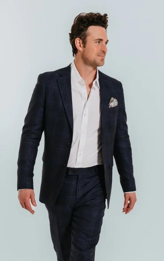 Dobell Blue Check Linen Slim Fit Jacket