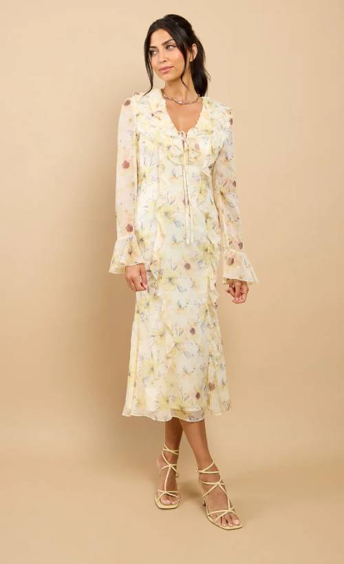Elyse Yellow Floral Print Frill Midaxi Dress