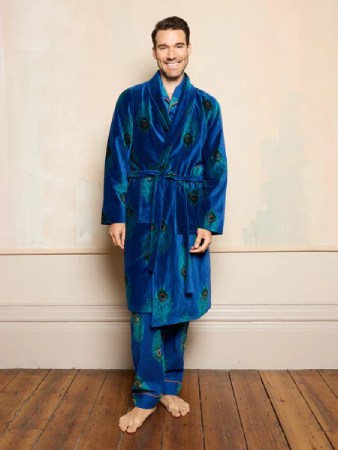 Their Nibs Mens Velvet Robe Navy Peacock Feather