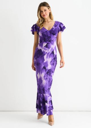 Gini London Purple Watercolour Floral Maxi Dress