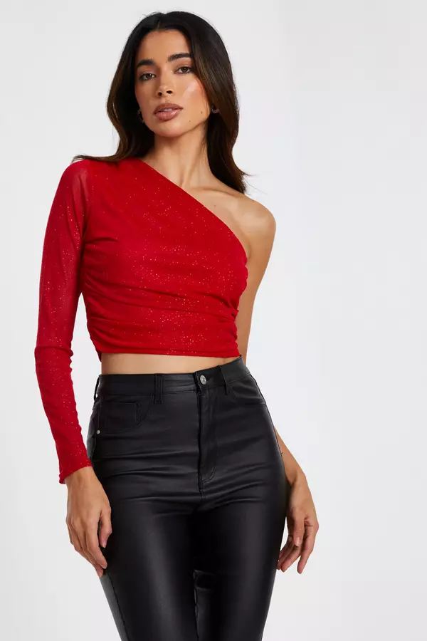 Quiz Clothing Red Glitter Mesh Crop Top