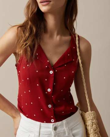 Rihoas The Red V Neck Polka Dot Print Sleeveless Vest
