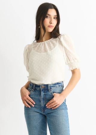 Gini London White Dobby Chiffon Shirred Cuff Blouse